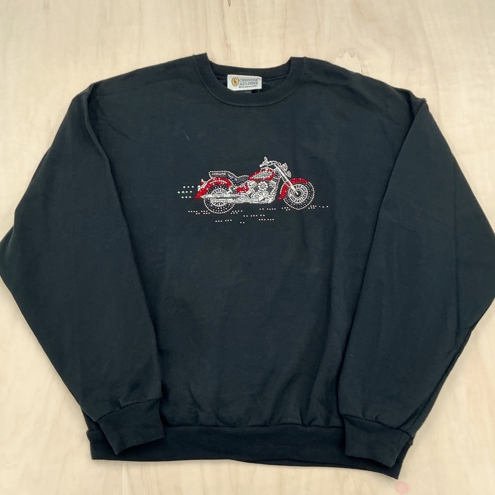 Christine Alexander Sweatshirt Womens L Black Rhinestone Motorcycle Biker 90s
